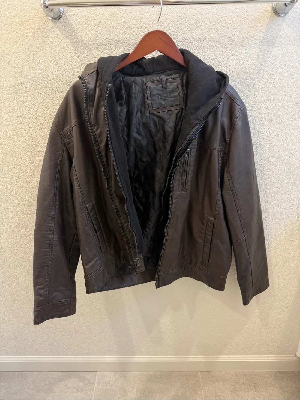 Calvin Klein Brown Leather Bomber Jacket with Black Quilted Hooded Liner